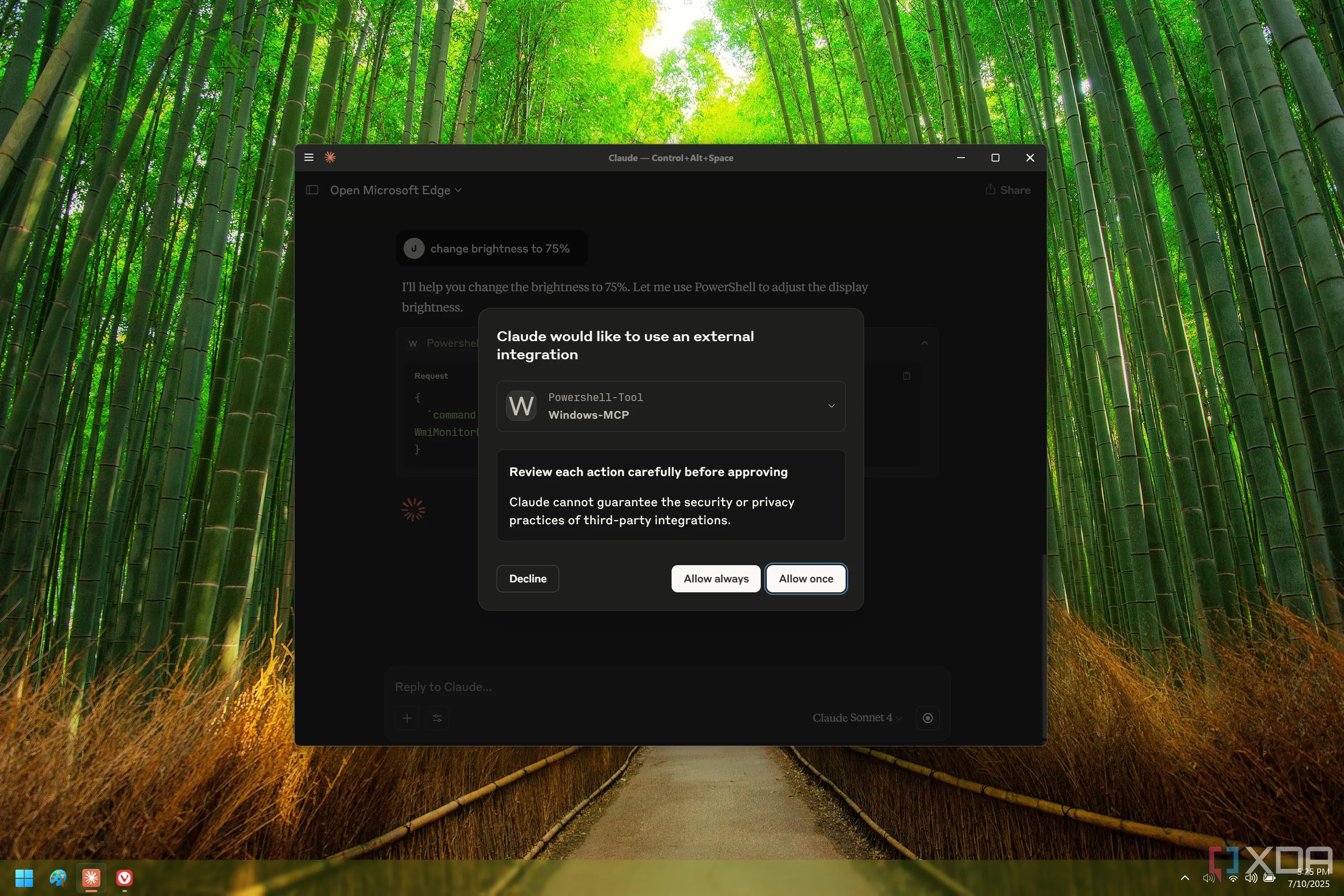 Ứng dụng Claude trên Windows 11 hiển thị hộp thoại yêu cầu quyền thực hiện một tác vụ cụ thể thông qua Windows-MCP