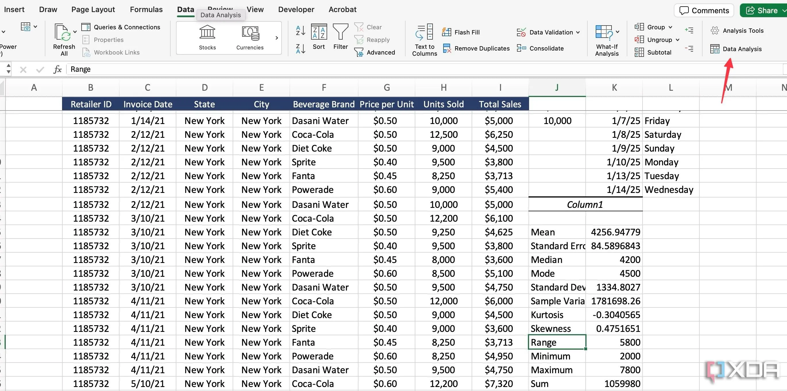 Vị trí công cụ Data Analysis (Phân tích dữ liệu) trong tab Data của Excel