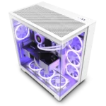 Vỏ case NZXT H9 Flow màu trắng, nhìn từ góc phía trước bên phải, trưng bày thiết kế buồng đôi và không gian nội thất rộng rãi.