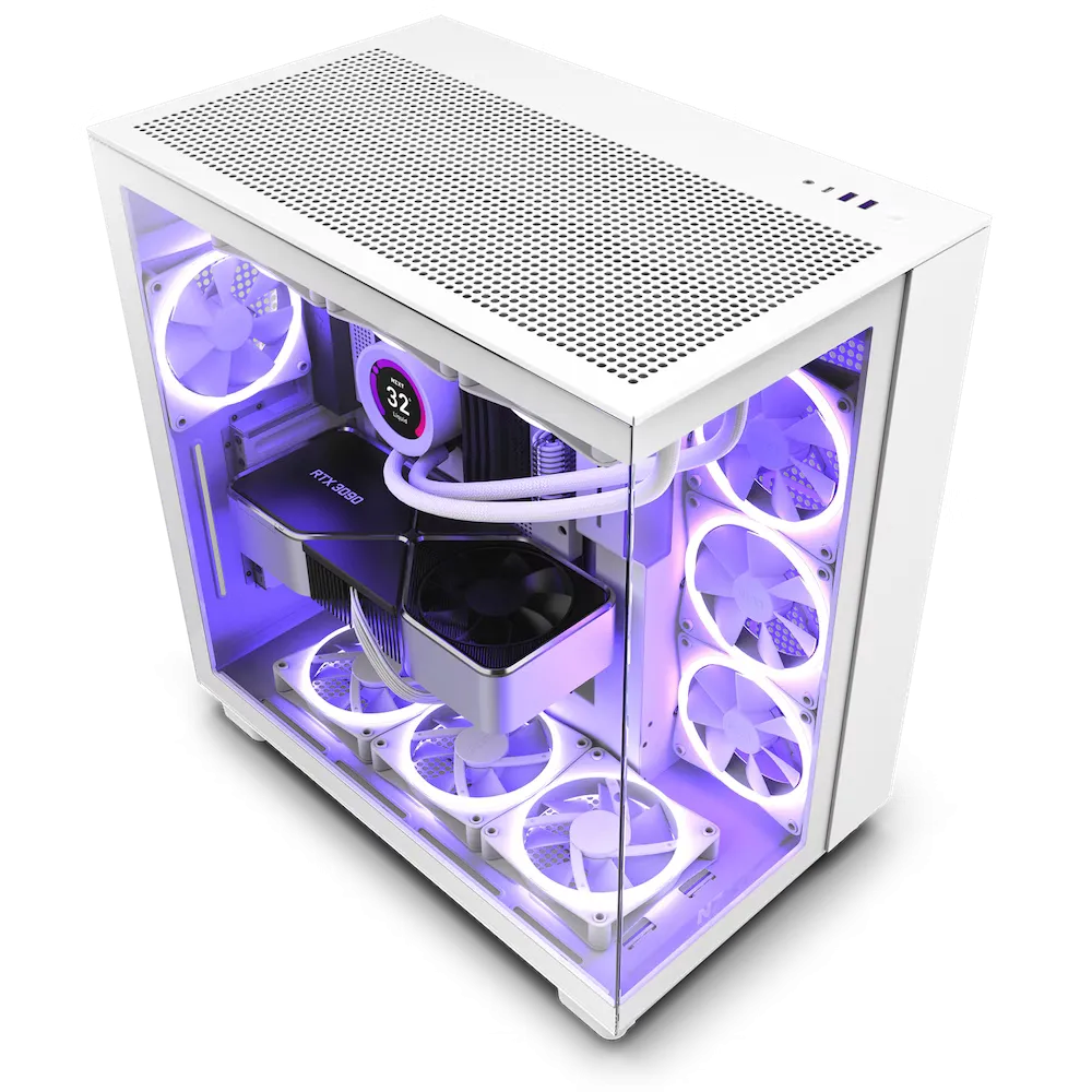 Vỏ case NZXT H9 Flow màu trắng, nhìn từ góc phía trước bên phải, trưng bày thiết kế buồng đôi và không gian nội thất rộng rãi.