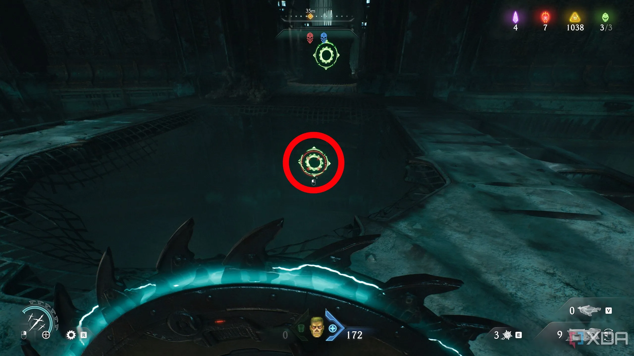 Vòng tròn làm nổi bật biểu tượng Shield Charge phía dưới trong Chương 19 Doom: The Dark Ages