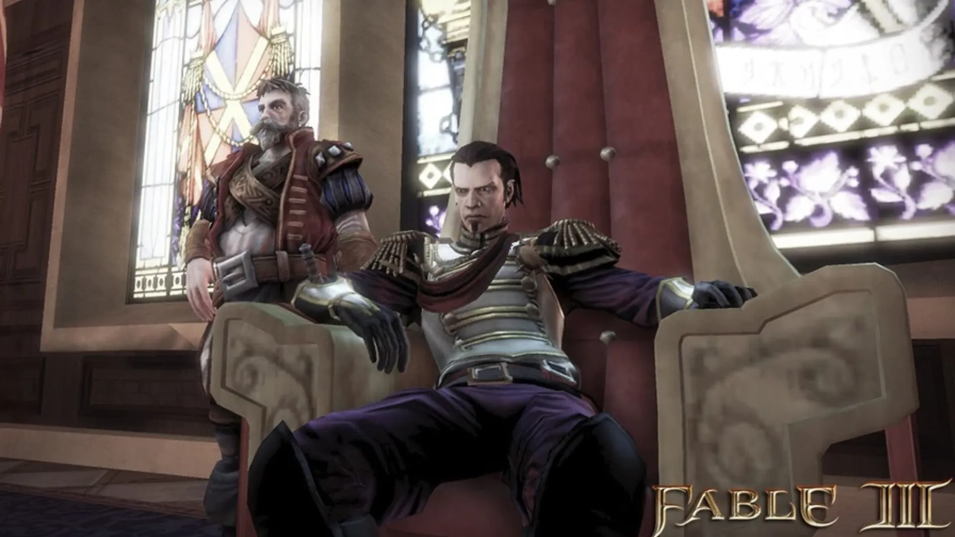 Vua Logan uy nghiêm ngồi trên ngai vàng của Albion trong game Fable III, người cai trị với những quyết định tàn nhẫn.
