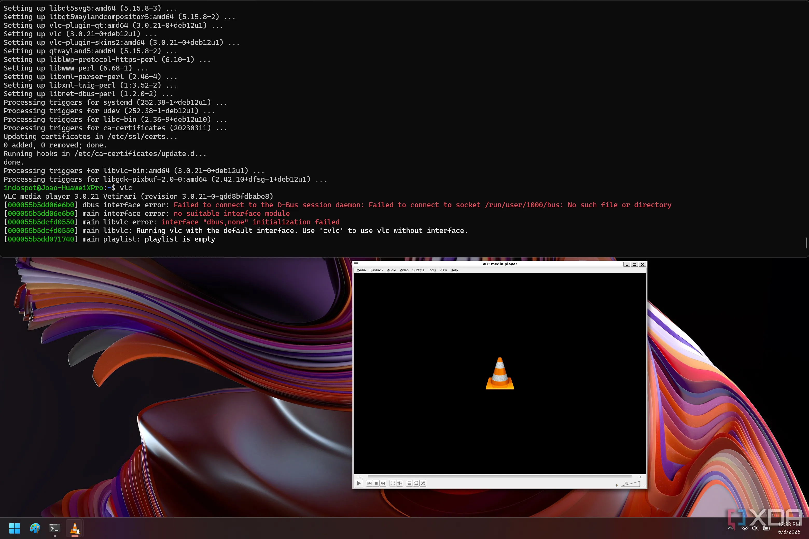 Windows Terminal ở chế độ Quake Mode chạy Debian, hiển thị lệnh khởi chạy VLC và cửa sổ VLC Linux mở phía dưới