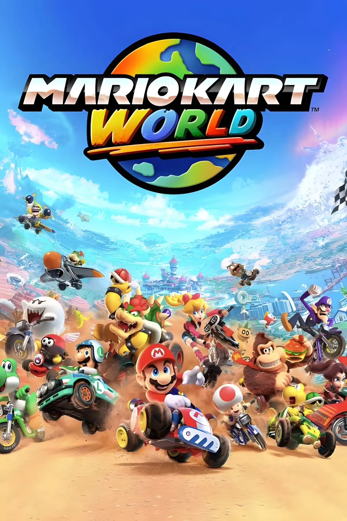 Xe đua Mario Kart di chuyển trên đường đua đầy màu sắc trong trò chơi Mario Kart World