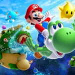 Yoshi cưỡi Mario trong cảnh phiêu lưu ngoài không gian của Super Mario Galaxy 2