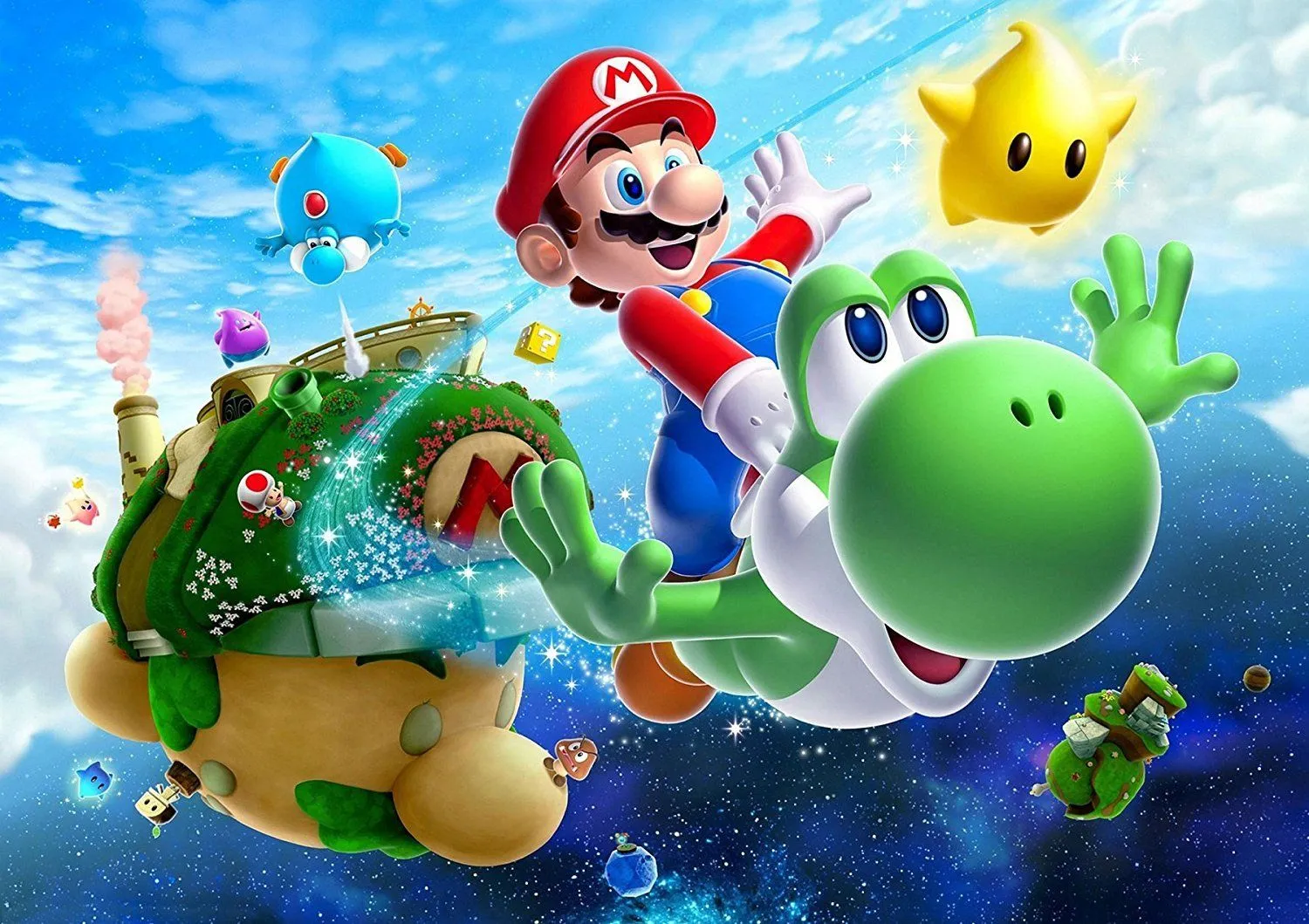 Yoshi cưỡi Mario trong cảnh phiêu lưu ngoài không gian của Super Mario Galaxy 2